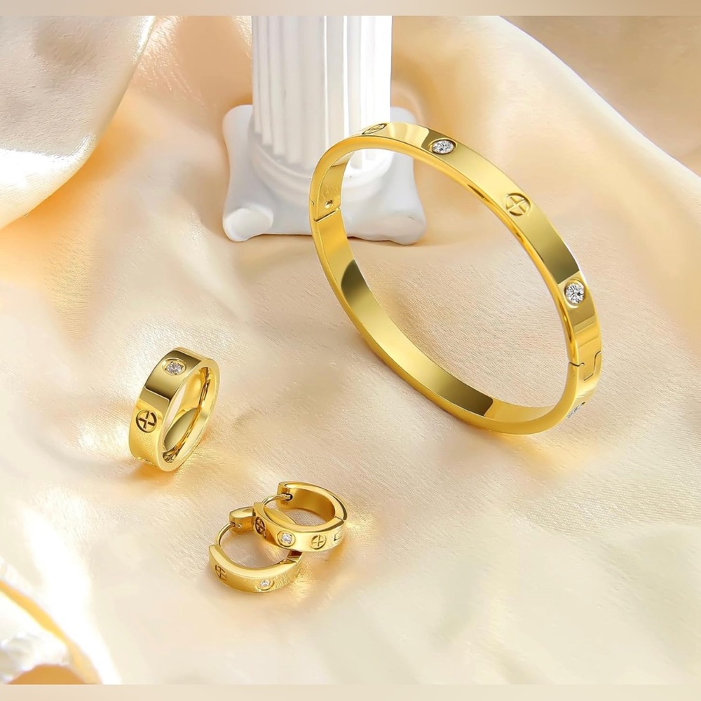 NWT 3 Pcs Gold Hoop Earrings Bracelets Ring Sets, AVAILABLE IN GOLD OR SILVER